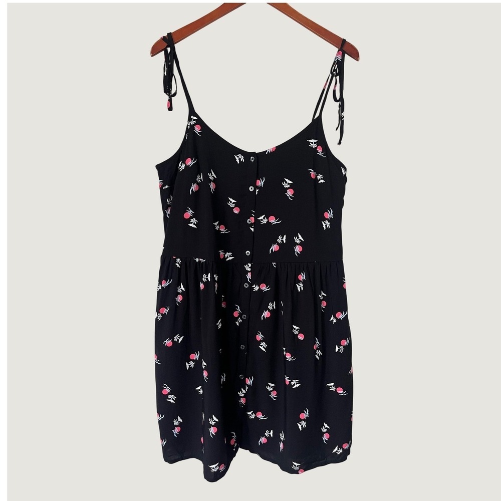 Levis Womens Black Tropical Palm Tree Print Button Front Tie Strap Mini Dress M